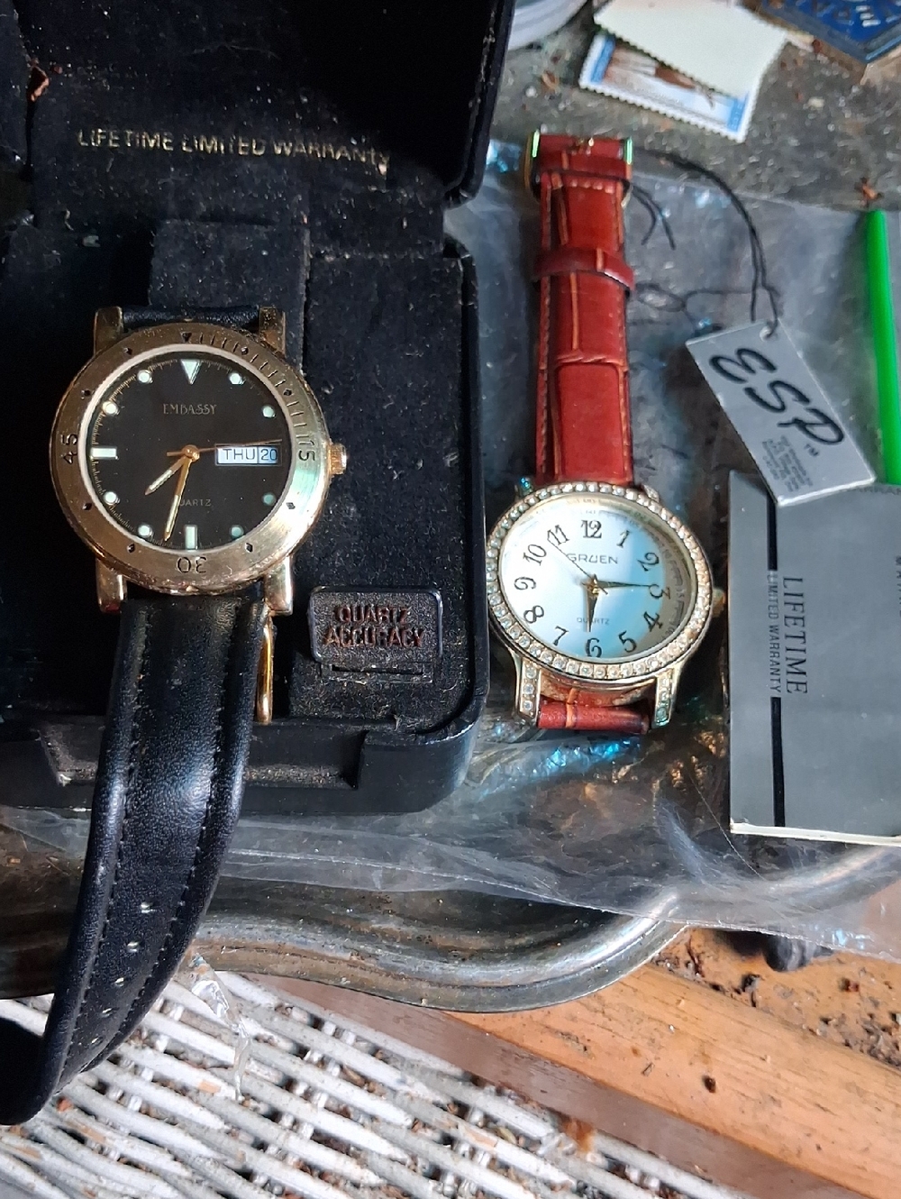 Embassy Men's Gold-Tone Black Dial Watch with Black Leather Strap&Jeweled Gruen